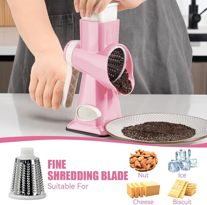 KEOUKE Rotary Cheese Grater Hand Crank Pink - Shredder Slicer Grinder 3 Stainless Steel Blades, Stable Suction, Labor-Saving Handle, Safe Kitchen Tool for Cheese, Vegetable, Nuts, Chocolate