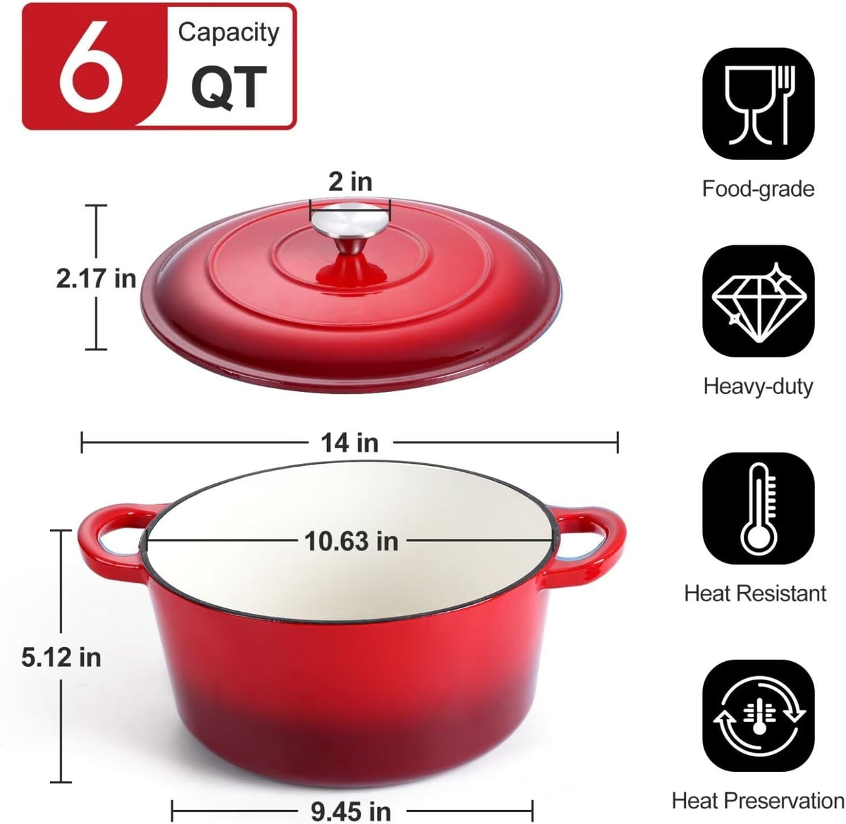 P&P CHEF 6QT Enameled Dutch Oven, Cast Iron Dutch Oven Pot with Lid for Bread Baking, Enameled Casserole Pot for Roasting Braising Stewing Frying Simmering, Various Stoves & Easy Clean, Red