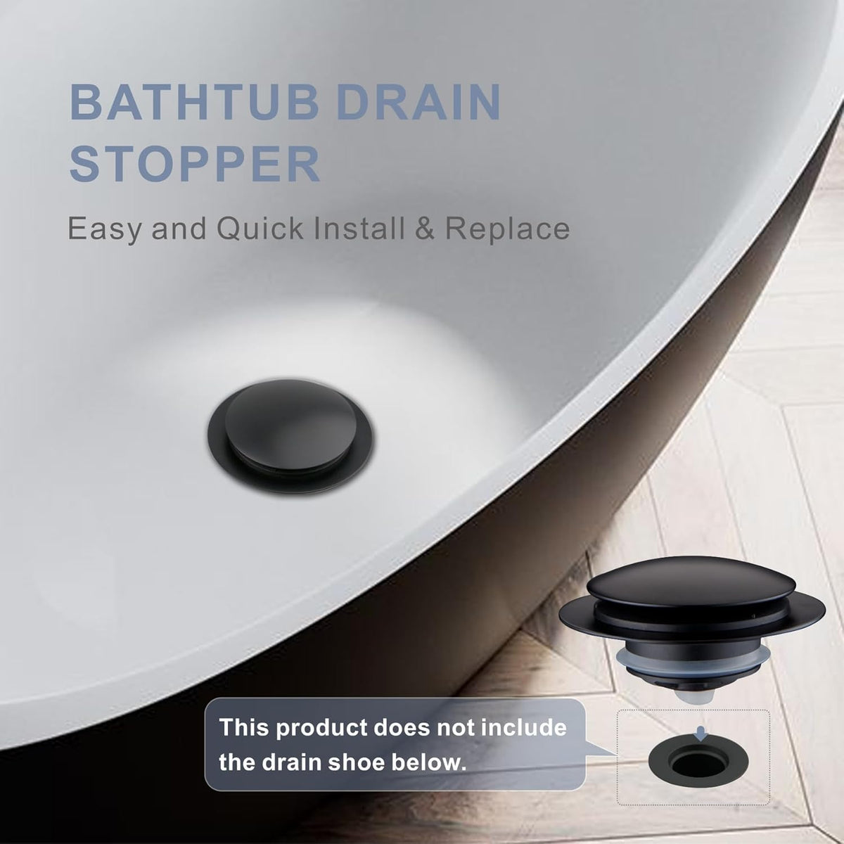 Matte Black Tub Drain Stopper, Hidrop Pop Up Universal Tub Dain Tip Toe Bathtub Drain Stopper, Fit 1.375 to 1.5 Inches, Replaces Lift and Turn, Tip-Toe and Trip Lever Drains for Tub, EZ Installation