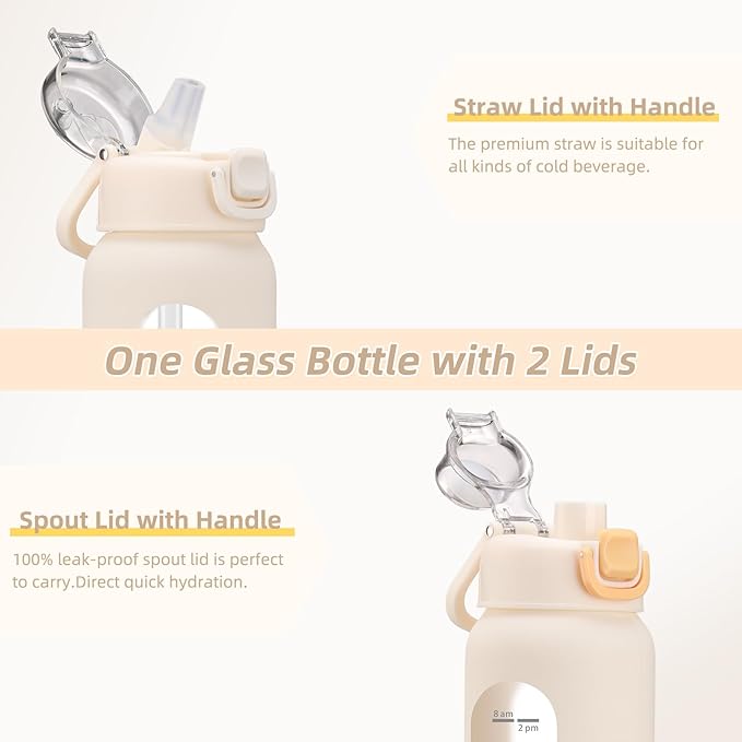 chunmo 32 oz Glass Water Bottles with 2 Lids-Handle Spout Lid & Straw Lid, 1 Liter Motivational Borosilicate Water Bottle with Time Marker and Silicone Sleeve,Leakproof-White-1 Pack