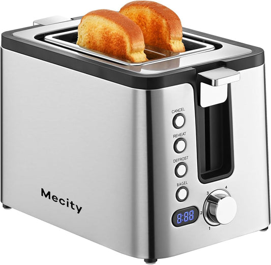 Mecity Toaster 2 Slice Stainless Steel with Countdown Timer, Bagel / Defrost / Reheat / Cancel Functions,Warming Rack, Removable Crumb Tray, 6 Browning Settings, Extra Wide Long Slots, Bread Toaster, 800 Watts
