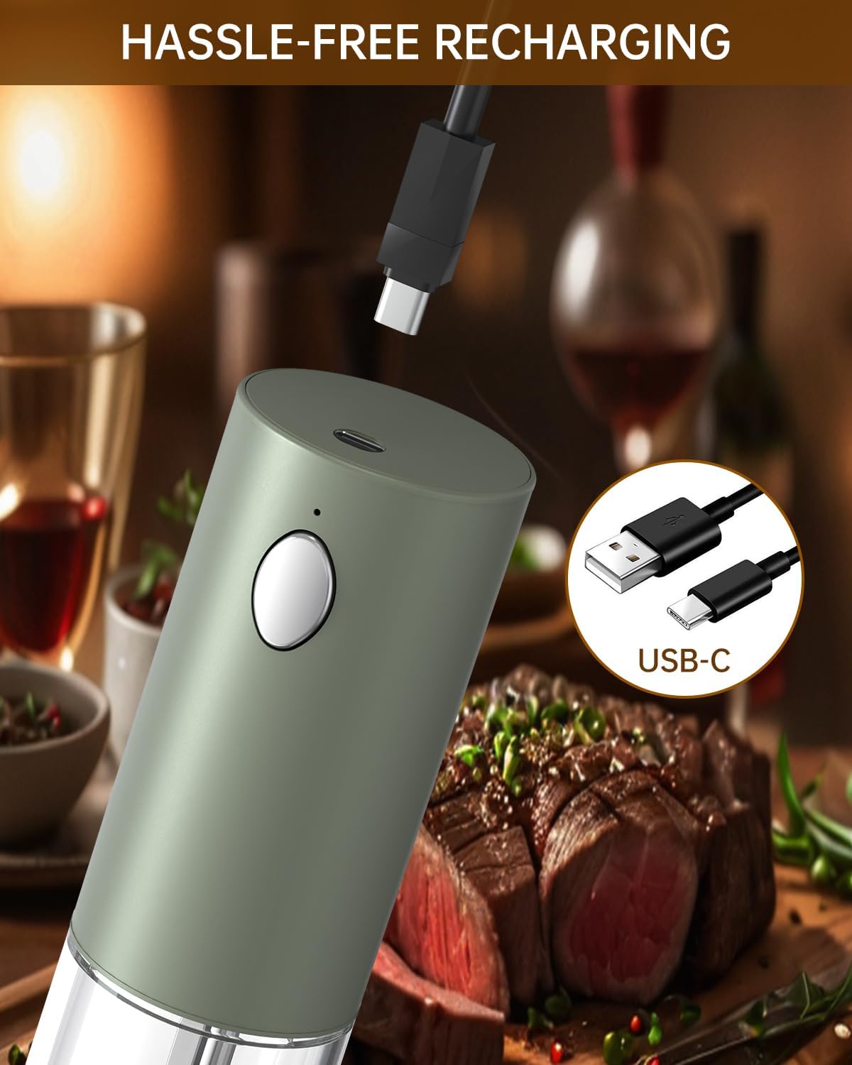 CIRCLE JOY Electric Salt and Pepper Grinder Set Rechargeable Salt and Pepper Mills with Storage Base, Adjustable Coarseness and LED White Light, Washable 95ml Container, Green