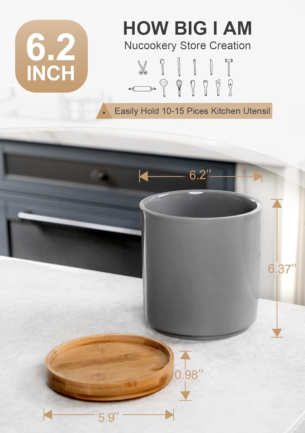 Nucookery 360° Rotating Utensil Holder, 7.2" Large Utensil Crock, White Ceramic Cooking Utensil Organizer with Countertop-Protection Cork Bottom for Farmhouse Kitchen Decor Gift (Gray)