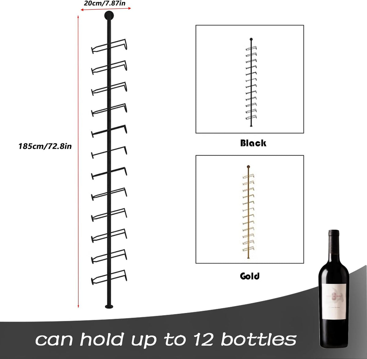 Wine Rack Wall Mounted, 72.8in High Metal Wine Bottle Holder for 12 Bottles, Kitchen Organization and Wine Storage for Commercial Restaurants Pantry Bar Wine Cellar (Gold, Three rows-36 Bottles)