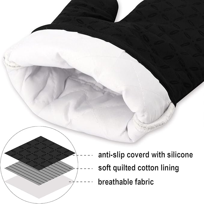 KEGOUU Oven Mitts and Pot Holders 6pcs Set, Kitchen Oven Glove High Heat Resistant 500 Degree Extra Long Oven Mitts and Potholder with Non-Slip Silicone Surface for Cooking (Black)