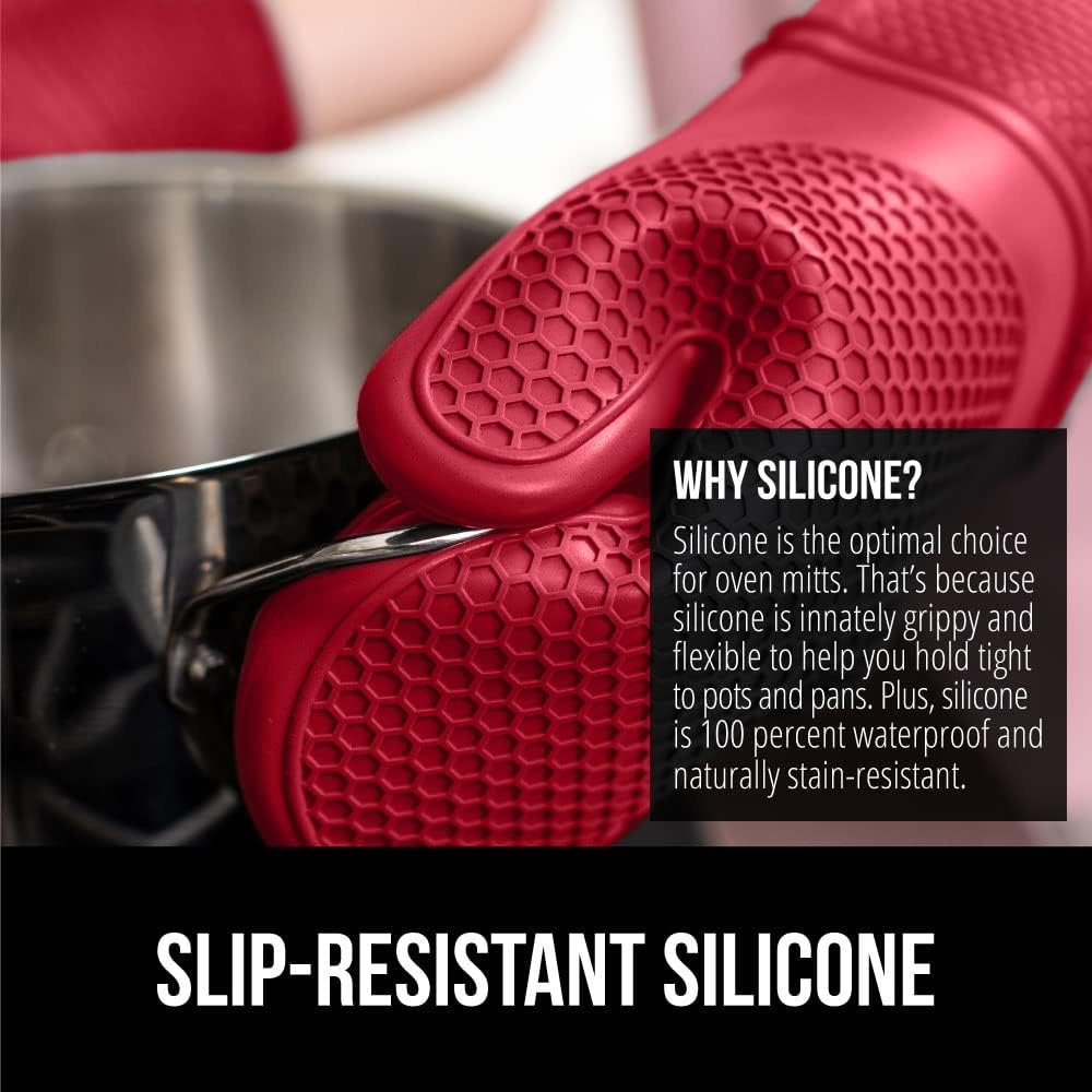 GORILLA GRIP BPA-Free Soft Silicone Oven Mitts, Heat Resistant and Waterproof Cooking Gloves, Thick Cotton Lining, Flexible Gripping for Baking Grilling, Kitchen Potholders Set of 2, 12.5x8.3, Red