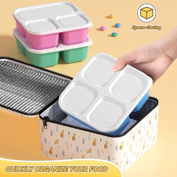 6 Pcs Snack Box Container Set, Reusable 3&4 Compartment Meal Prep Snack Containers for Adults Kids Toddler, BPA-Free Divided Lunchable Container for School, Work and Travel (5 Color)