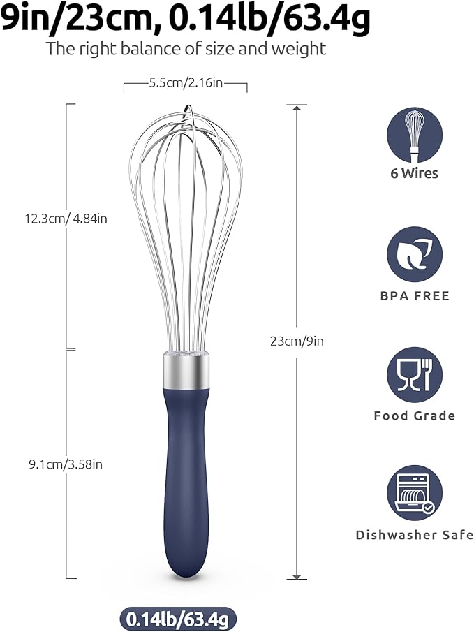 U-Taste 9" Small Egg Whisk: 18/10 Stainless Steel Kitchen Cooking Wire Balloon Wisk, Heavy Duty Metal Beater Stirrer, Manual Baking Tool with 6 Flex Wires for Mixing, Blending Sauce (Midnight Blue)