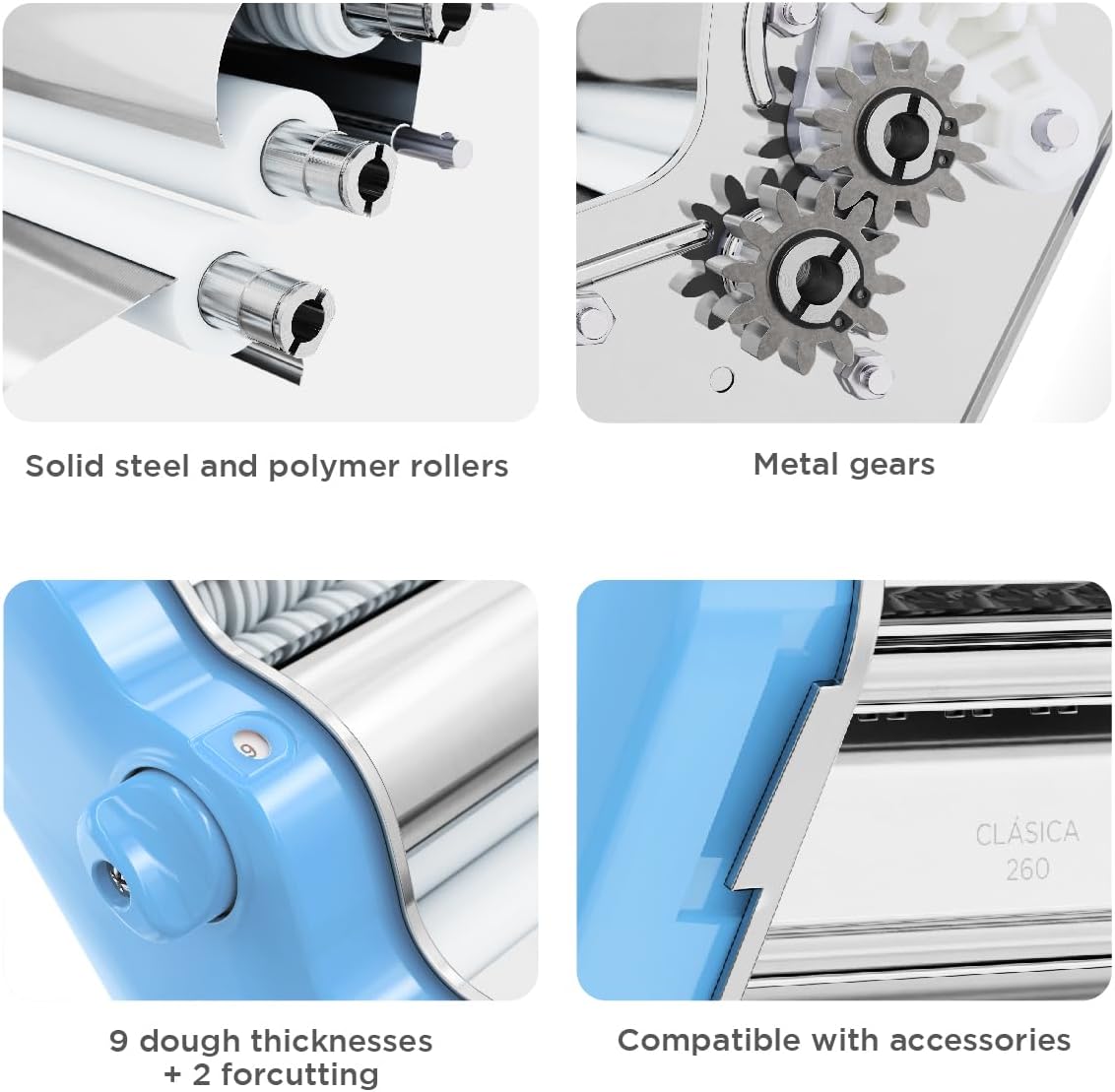 PASTALINDA Classic 260 Pasta Maker Machine, 26 cm Wide Rollers, 9 Thickness Positions, 2 Cutting Positions, Stainless Steel. Includes Reinforced Hand Crank And Two Clamps (Light Blue)