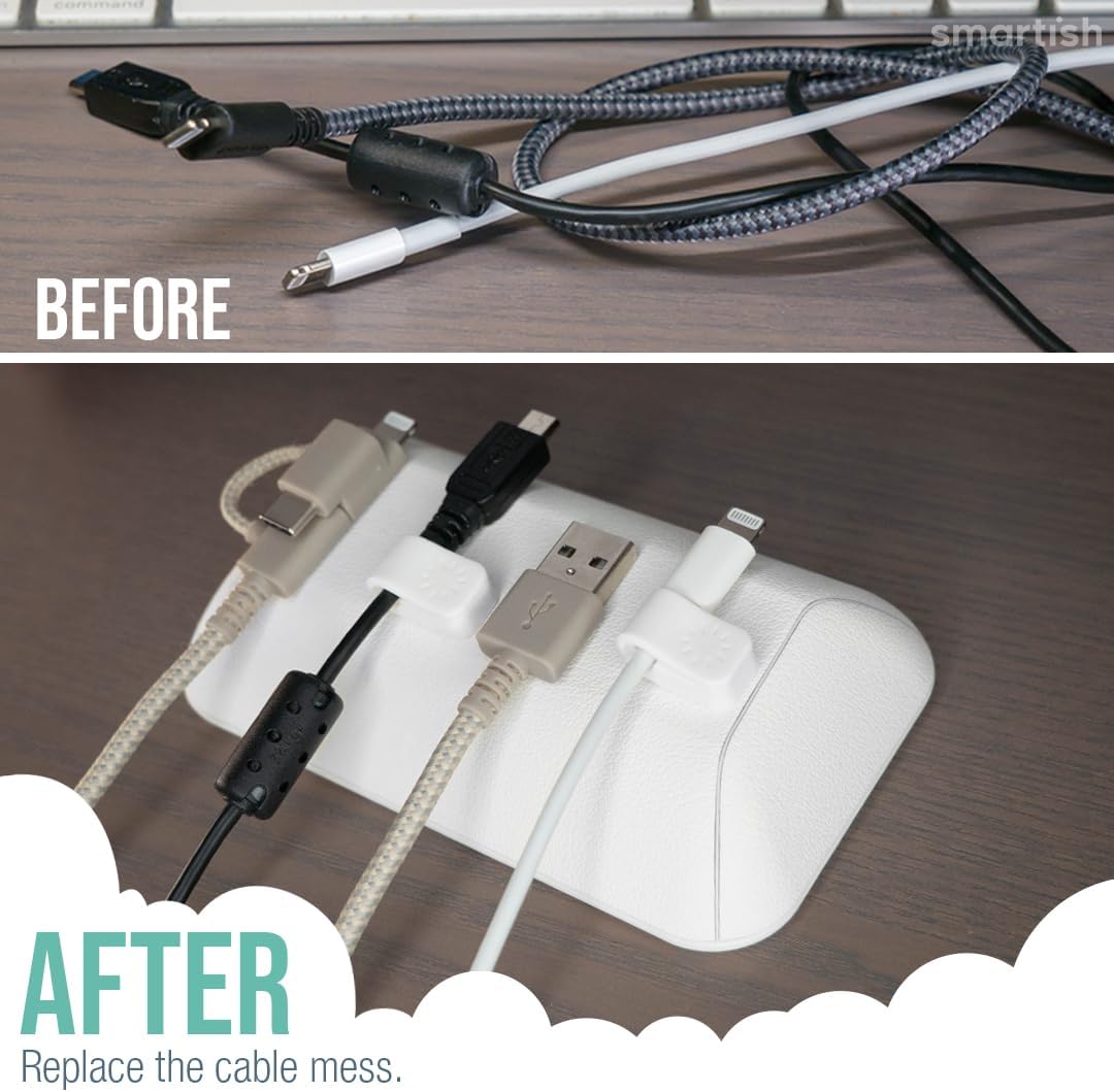 Smartish® Magnetic Cord Holder - Bigger Cable Wrangler Organizer with Magnet Clips for Charger Management on Desktop, Nightstand, or Side Table - Holds 6+ Cables - Snow Day White