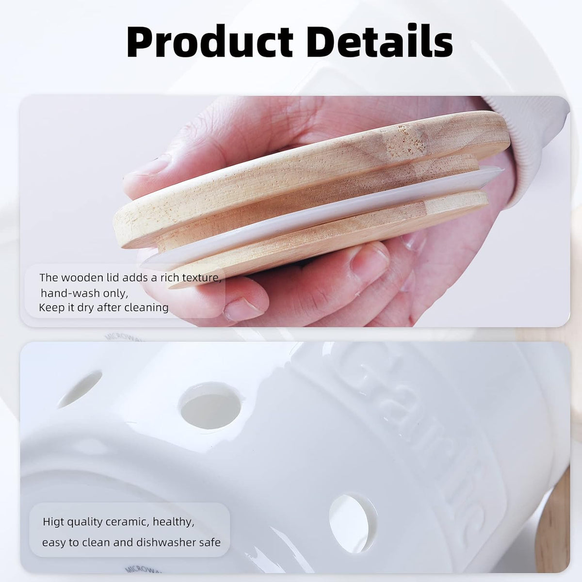 Large Garlic Keeper with Wooden Lid, Ceramic Garlic Holder Storage, Garlic Container for Kitchen, Garlic Saver to Keep Your Garlic Cloves Fresh Longer 4.5-Inch, White
