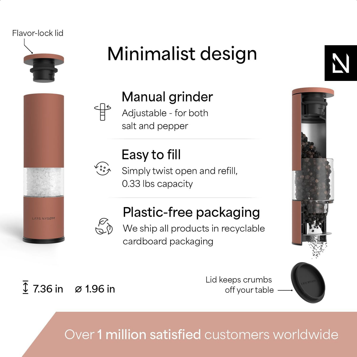 LARS NYSØM Salt and Pepper Grinder Set Manual, Stainless Steel Salt and Pepper Mills with Adjustable Ceramic Grinder I Design Spice Shakers (Brick Red)