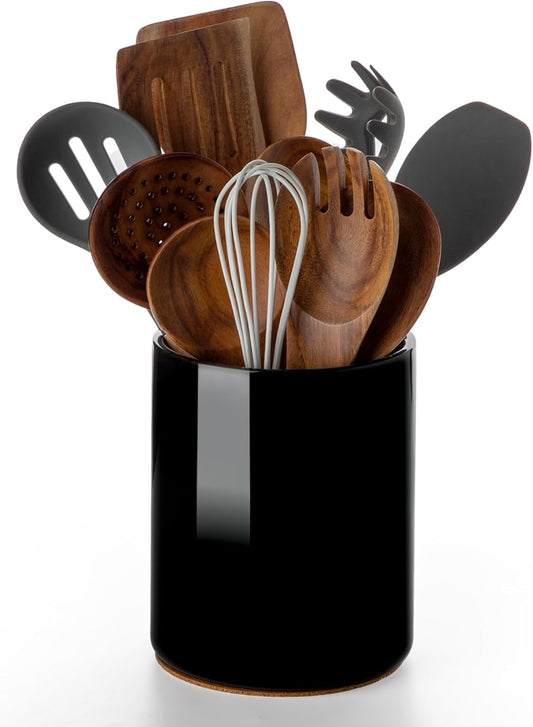 Nucookery Utensil Holder, 6.4" Ceramic Kitchen Utensil Holder with Countertop-Protection Cork Bottom, Farmhouse Kitchen Decor for Counter (Black)