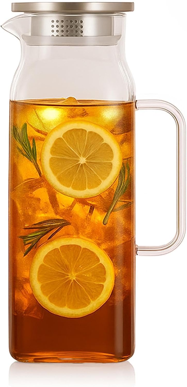 Glass Water Pitcher with Lid and Spout, 2L/68 Ounces Heat Resistant Borosilicate Glass Carafe, Temperature Safe