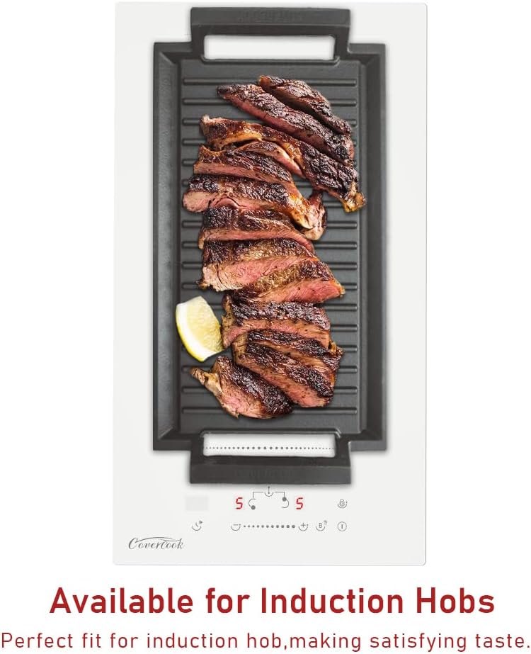 COVERCOOK Griddle Pan, Cast Iron Grill Hot Plate, Rectangular Grill, 2 handles with Ridged Surface for Induction Electric Cooktop，16 x 9inch