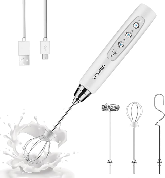 YUSWKO White Handheld Milk Frother Wand for Coffee, Rechargeable Electric Whisk with 3 Heads 3 Speeds Drink Mixer Coffee Frother For Latte, Cappuccino, Hot Chocolate, Egg