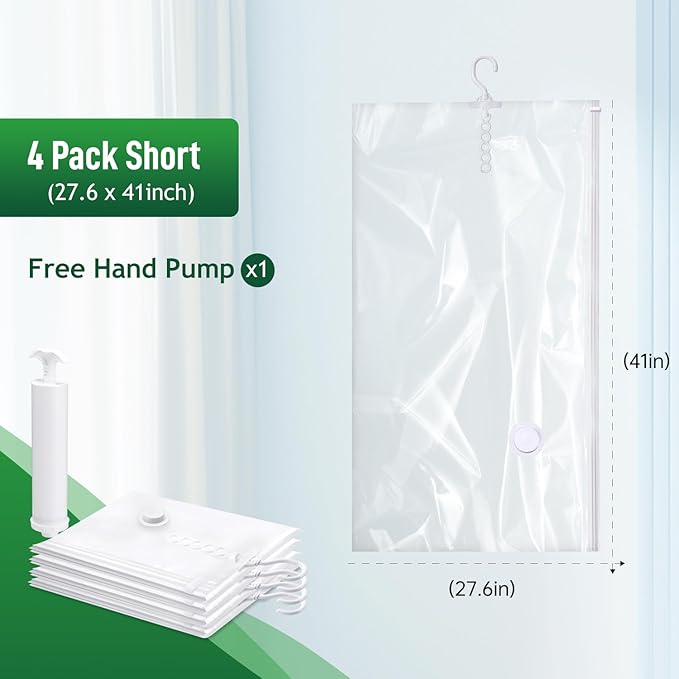 Hanging Vacuum Storage Bags For Clothes With Hand Pump,Coat Storage Bag Hanging,Vacuum Bags For Clothes,Space Saver Vacuum Storage Bags,Garment, Clothing, Dress, Suit, Long Coat, Jacket(Short 4 Pack）