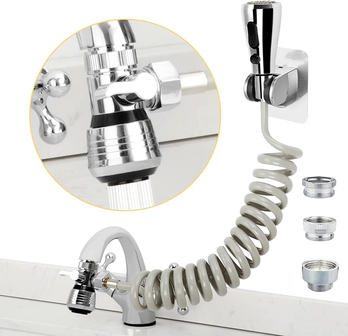 CECEFIN Kitchen Sink Sprayer Hose Attachment for Faucet, Kitchen Faucet Head Replacement w/ 79" Recoil Hose and Holder, Pressurized Water Saving Aerator & Diverter Valve, Faucet Sprayer Attachment Set