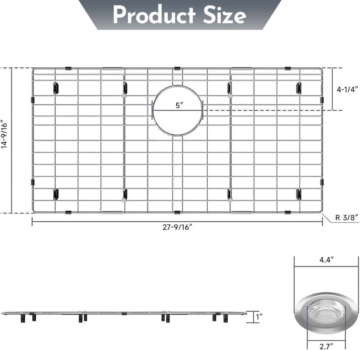 27-9/16" x 14-9/16" Stainless Steel Sink Protector, Sink Protectors for Kitchen Sink, Sink Grid, Sink Grate for Bottom with Rear Drain, Metal Sink Rack for Bottom of Sink with Corner Radius 3/16"