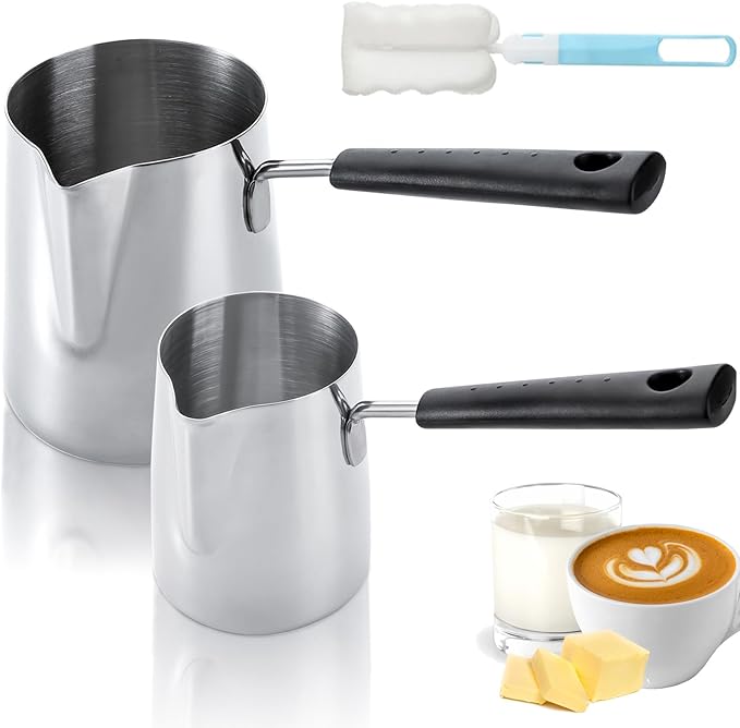 Dicunoy Set of 2 Milk Butter Warmer Pot, 12oz/22oz Turkish Coffee Pot, Stovetop Chocolate Melting Pan, Cezve Ibrik Briki Greek Arabic Coffee Maker for Maple Syrup, Sauce Heating, 18/8 Stainless Steel