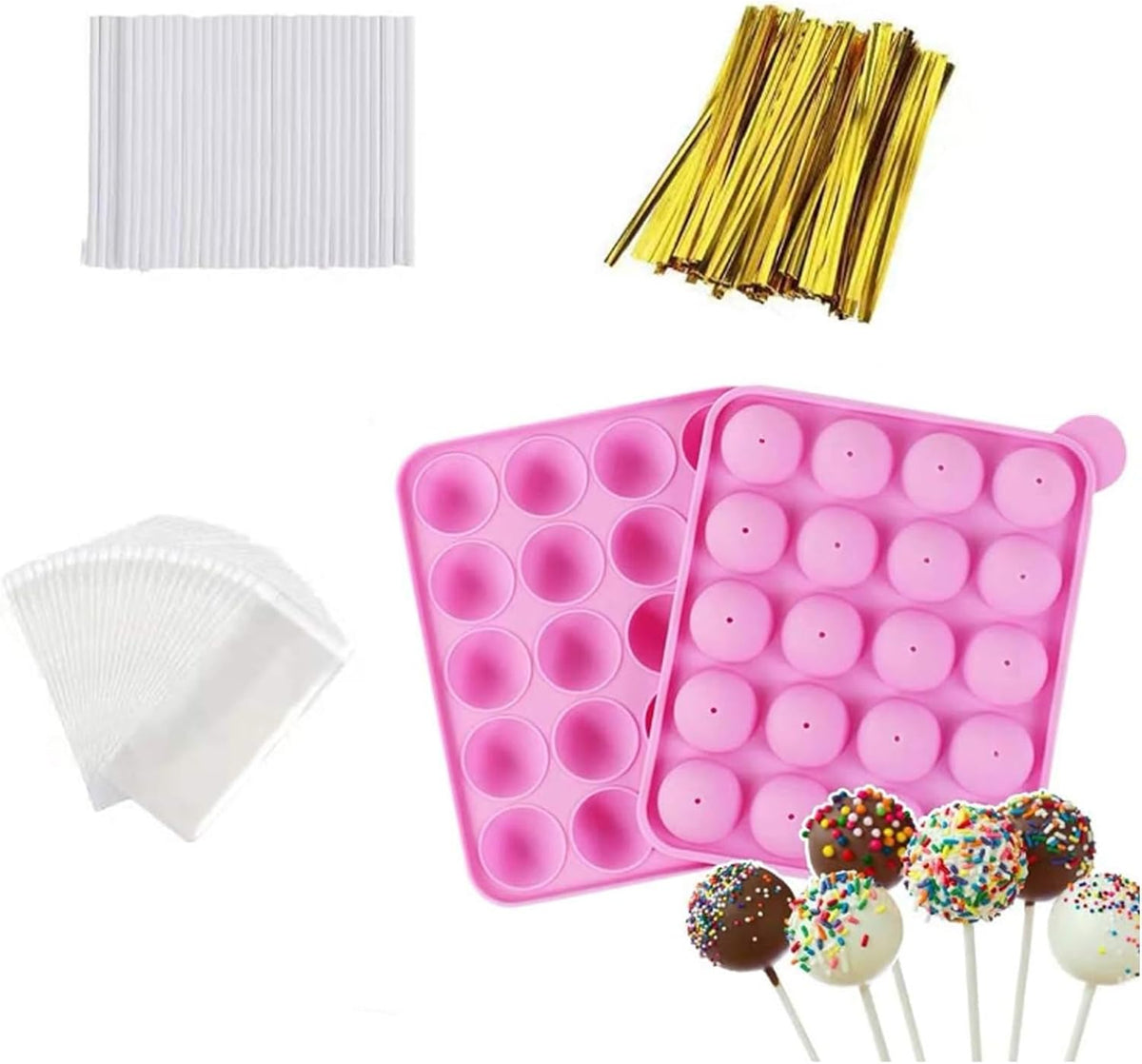 20-Cavity Silicone Cake Pop Mold Set With Lollipop Sticks, Treat Bags, Twist Ties - For Cake Pops, Lollipops, Hard Candy, and Chocolate