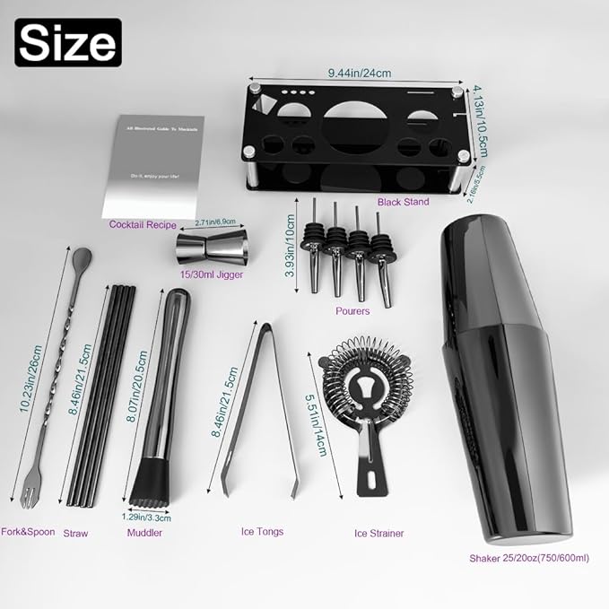 Professional Cocktail Shaker Set with Stand Cocktail Recipes, 15-Piece 750/600ml Bartender Kit, Bar Sets Bartending Kit Bar Tool Set 25/20oz Boston Shakers, Jigger, Muddler (Black)