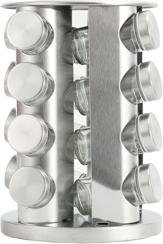 Spice Rack, Spice Rack Organizers for Countertop, Rotating Countertop Spice Rack, Revolving Spice Rack for Kitchen, Kitchen Gadgets, Organizer Rack with Spice Jars (Silver, RoundHead_16Jars)