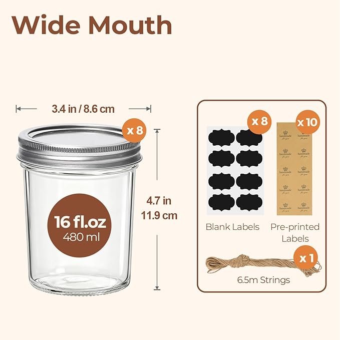ComSaf Wide Mouth Mason Jars 16oz - 8 Pack, Pint Mason Jars with Lids and Seal Bands, Glass Canning Jars for Pickling, Jam, Jelly, Honey, Salad, Desert, Shower Wedding Favors, DIY Candles Decor