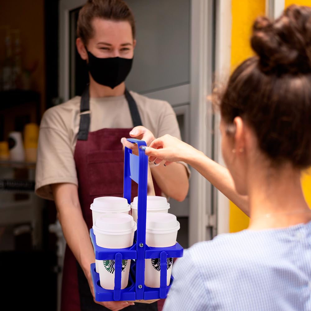 Bodaon 4 Cup Drink Carrier with Handle, Plastic Cup Carriers for Drinks, Drink Holder for Car, GrubHub/Eats Doordash Accessories, Portable Foldable Reusable Mobile, Use for Food Delivery Bag, Blue