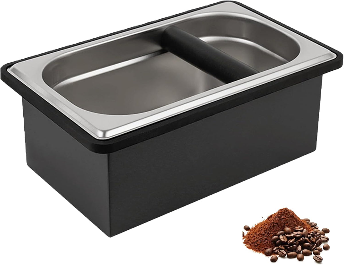 Espresso Knock Box, Coffee Knock Box for Espresso Grounds Disposal, Large Capacity, Equipped with Noise Reduction Rubber Ring & Steel Holder, Ideal Tool for Espresso Machines, Black (Large)