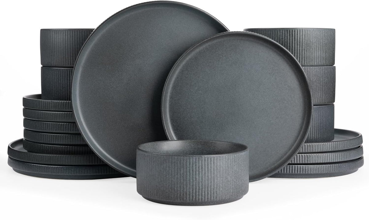 Famiware Star Plates and Bowls Sets, Modern Stoneware Dinnerware Sets for 6, 18-Piece Kitchen Dish Set - Chip and Scratch Resistant, Microwave and Dishwasher Safe Tableware, Matte Dark Charcoal