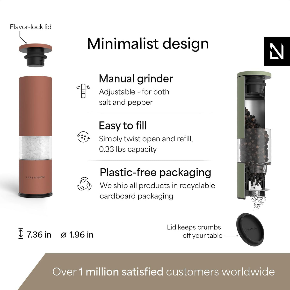 LARS NYSØM Salt and Pepper Grinder Set Manual, Stainless Steel Salt and Pepper Mills with Adjustable Ceramic Grinder I Design Spice Shakers (Red/Green)