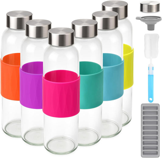 Zukro Glass Water Bottles with Lids 18 oz, Reusable Clear Juice Bottles Stainless Steel Airtight Cap for Juicing, 100% Leak Proof Juice Drinking Jar With Sleeve for Refrigerator, BPA Free, Set of 6