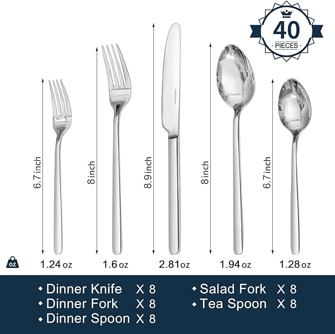 KINGSTONE 40 Piece Silverware Set, Flatware Set for 8, 18/10 Stainless Steel Cutlery Set Mirror Polished Modern Design Dishwasher Safe