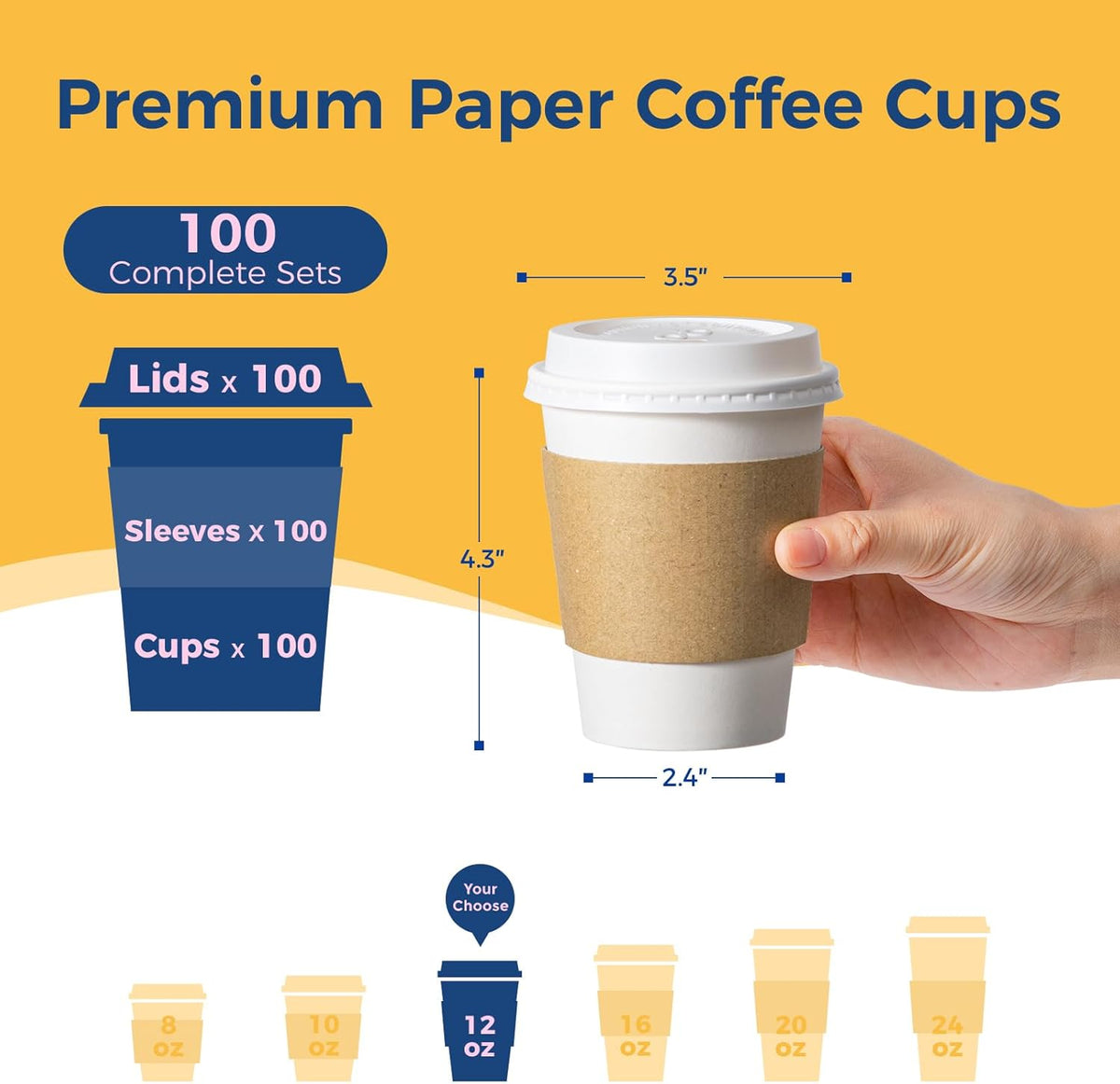 Fit Meal Prep 100 Pack 12 oz Disposable Coffee Cups with Lids, Sleeves, Leak-Proof To Go Coffee Cups with Lids, Durable Hot Paper Cups for Home, Office, Party, Business