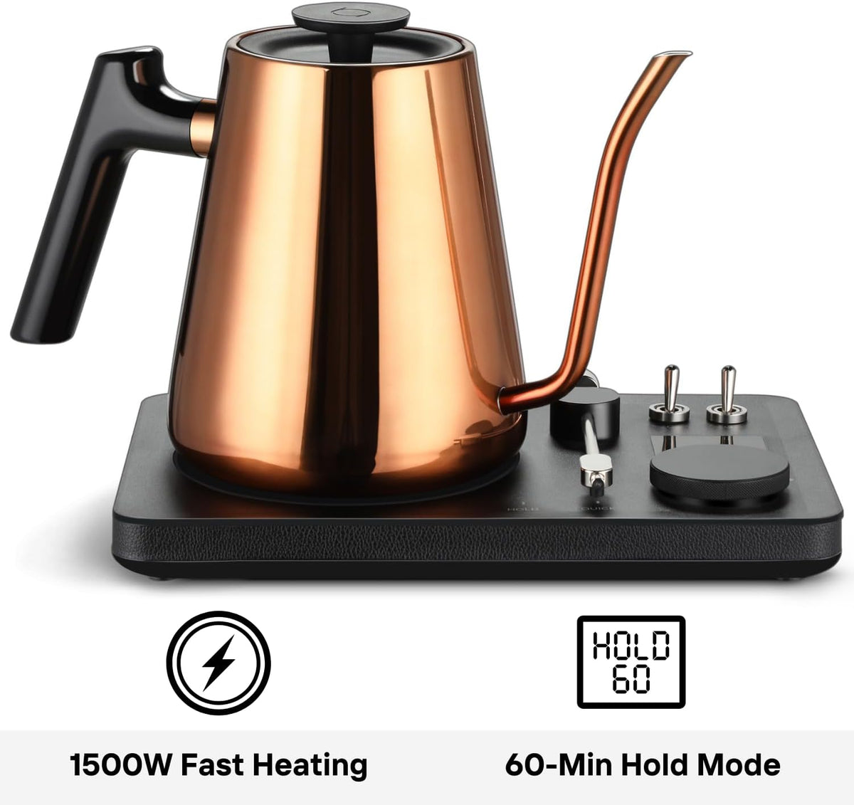 DJ Electric Gooseneck Kettle for Pour Over Coffee & Tea - Water Boiler - Turntable Design - Quick Heating & Temperature Control - Copper