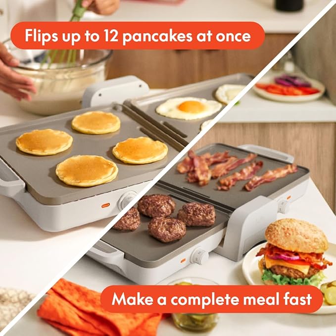 Bella 10"x 20" Ceramic Fold-n-Store Dual Temp Griddle, Fits-anywhere Kitchenware, EverGood Ceramic Nonstick Coating, 2 Temperature Zones up to 400°F, Dishwasher Safe Drip Tray, 1500 Watt, Oatmilk