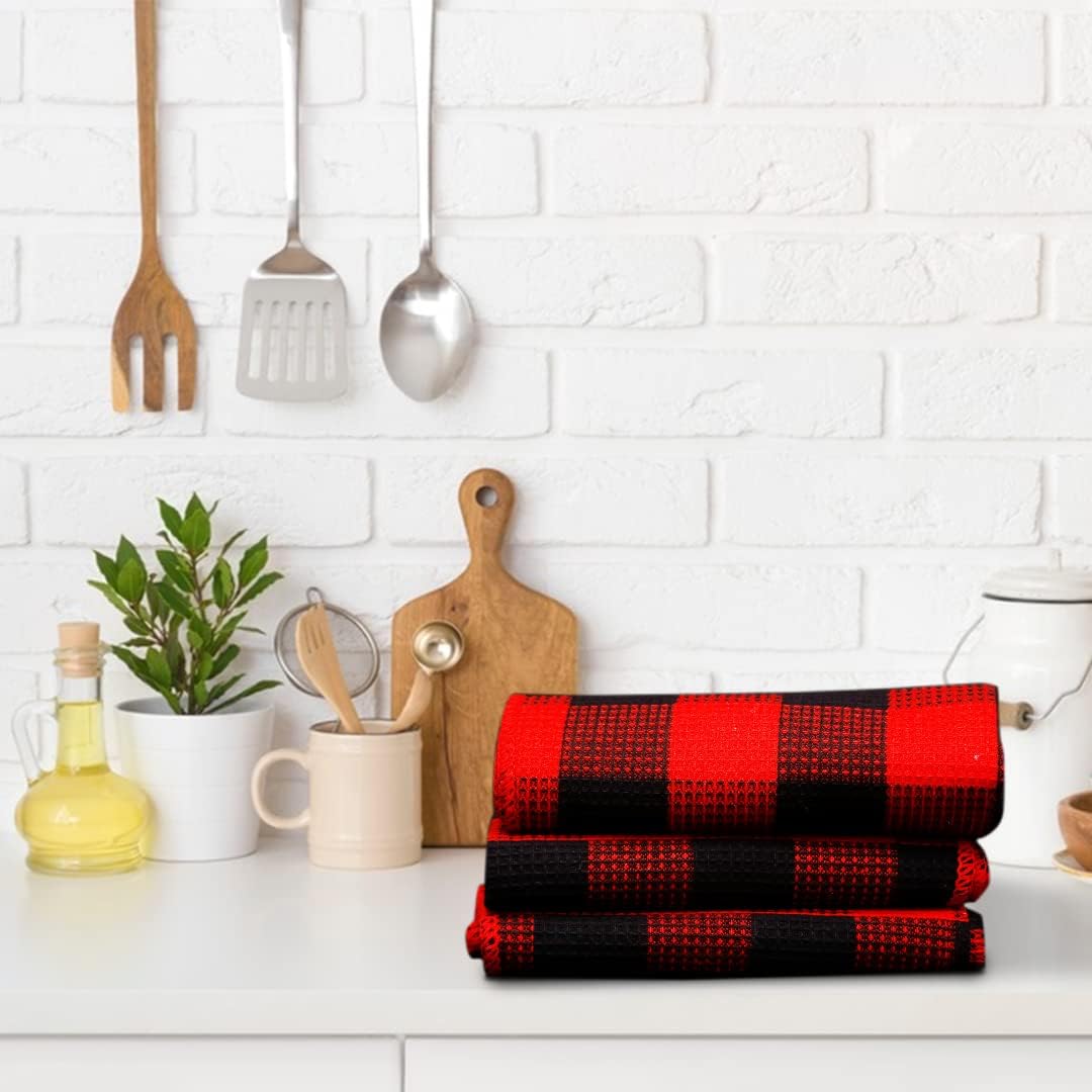 Waffle Weave Plaid Dish Cloths, 100% Cotton - 12 x 12 Inches, Ultra Soft Absorbent Quick Drying Dish Towels Buffalo Check Dish Rags for Kitchen, 8 Pack - Spring and Summer - Red & Black