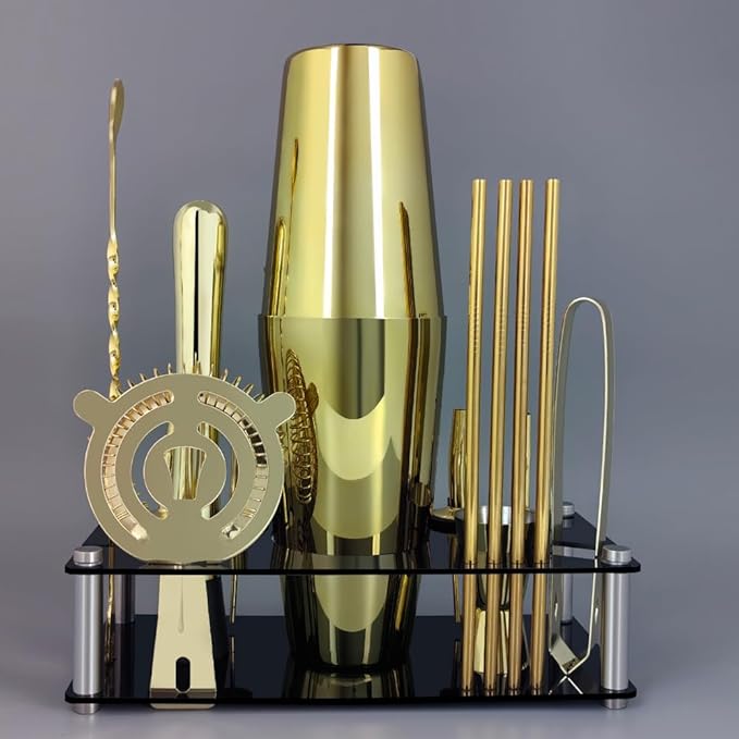 Professional Cocktail Shaker Set with Stand Cocktail Recipes, 15-Piece 750/600ml Bartender Kit, Bar Sets Bartending Kit Bar Tool Set 25/20oz Boston Shakers, Jigger, Muddler (Gold)