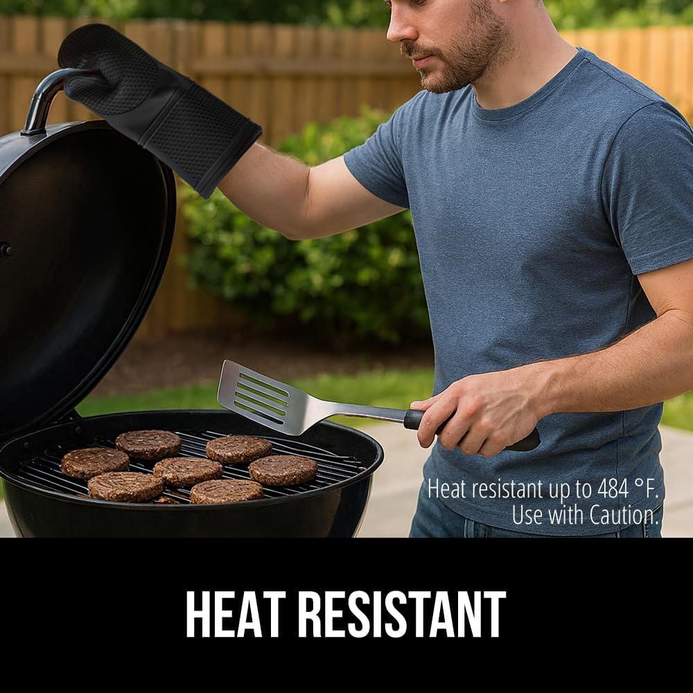 GORILLA GRIP BPA-Free Soft Silicone Oven Mitts, 14.5x8.3, Heat Resistant and Waterproof Cooking Gloves, Thick Cotton Lining, Flexible Gripping for Baking Grilling, Kitchen Potholders Set of 2, Black
