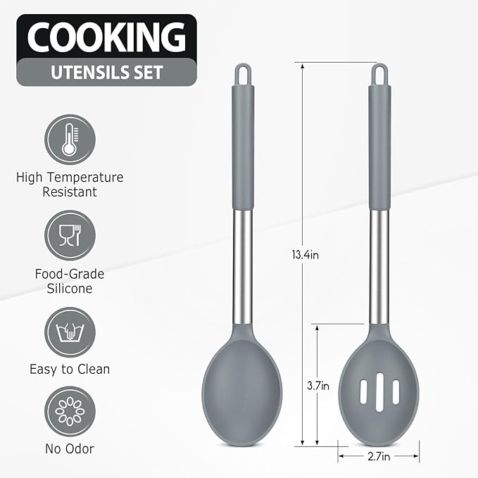 Pack of 2 Large Silicone Cooking Spoons, Non-Stick Stainless Steel Slotted and Solid Spoon Set for Serving, Mixing, Draining, Heat Resistant, Scratch Resistant and BPA Free Kitchen Scoops (Grey)
