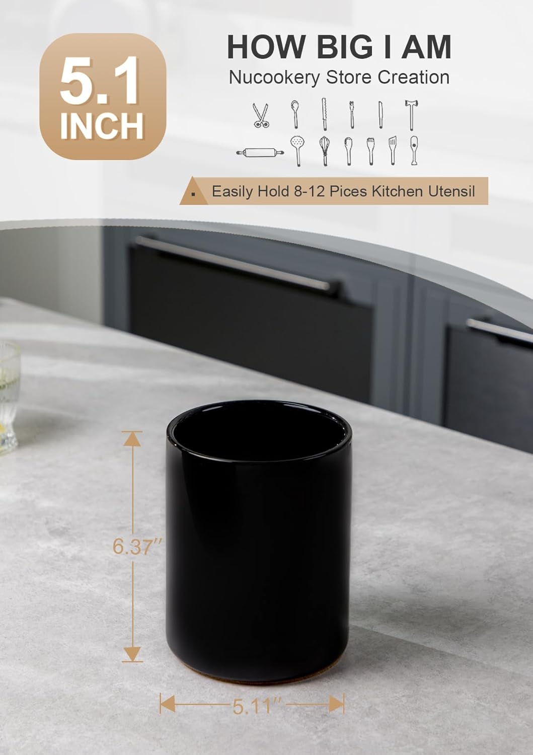 Nucookery Utensil Holder, 6.4" Ceramic Kitchen Utensil Holder with Countertop-Protection Cork Bottom, Farmhouse Kitchen Decor for Counter (Black)