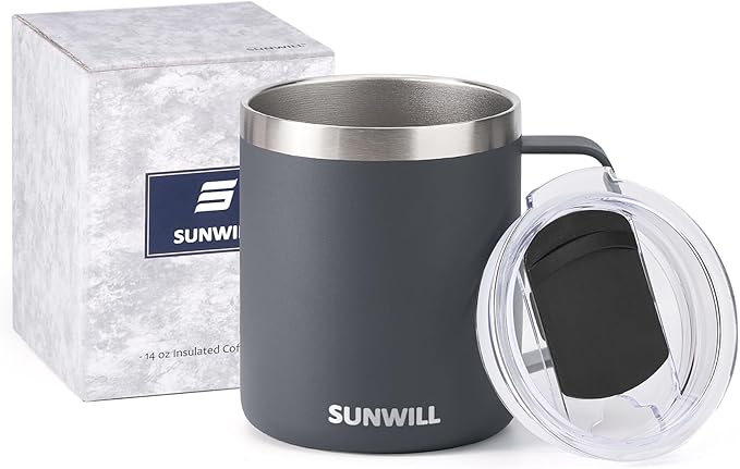SUNWILL Travel Coffee Mug with Lid, Insulated Tumbler with Handle, 14 oz Stainless Steel Cup for Home, Office, Camping, Powder Coated Charcoal