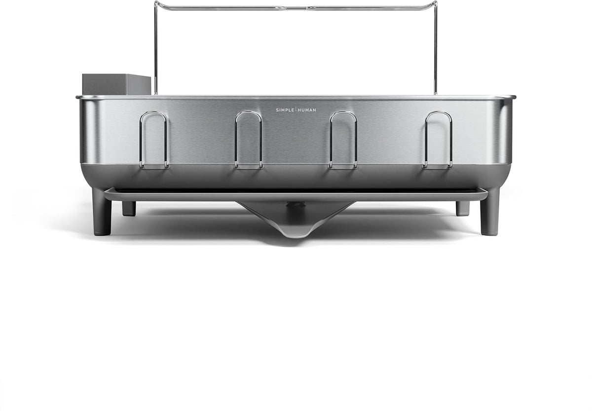 simplehuman Large Capacity Dish Drying Rack with Stainless Steel Frame, 360º Easy Drain Swivel Spout, Utensil & Wine Glass Holder, Anti-Residue Coating, Moisture Control Surface, Grey