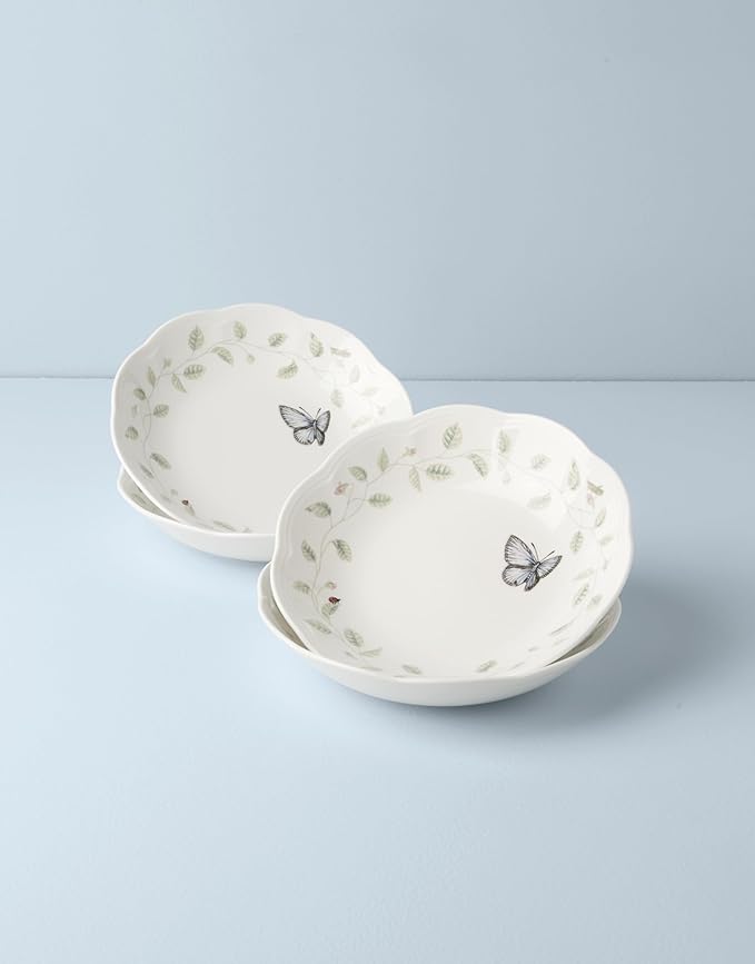 Lenox Pasta Bowls, 20oz Butterfly Meadow Pasta Bowl Set of 4, Service For 4, Porcelain, White Serving Bowls, Wide, Shallow, Lenox Butterfly Meadow Collection, Dishwasher/Microwave Safe (White 4-Piece)