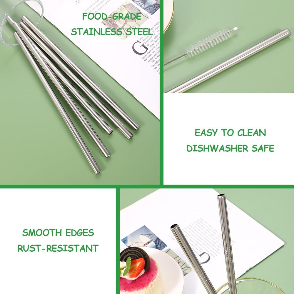Lazycorner Reusable Stainless Steel Straws Metal Straw with Silicone Tip 5 Pcs 8mm Wide for 20/30/32oz Tumblers Smoothies and Shakes with 2 Cleaning Brushes,1 Portable Bag (Silver)