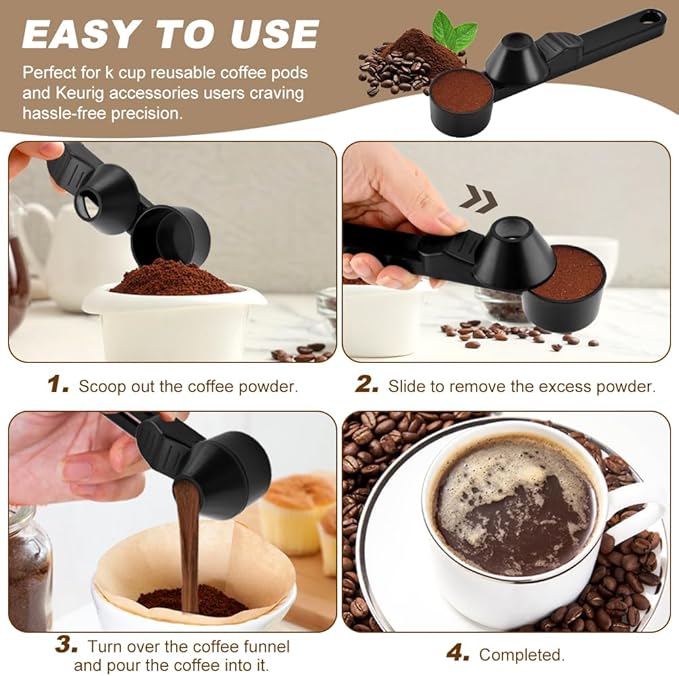 Coffee Scoop & Funnel for K-Cups Reusable, Coffee Spoon with Slide Scoop Measuring Scoo p with Funnel for Filling Water Bottles for Ground Coffe e Protein Powder without Spilling