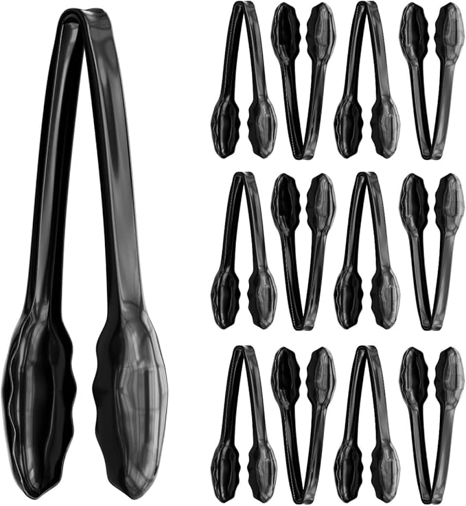 12 Pack Large Plastic Serving Tongs For Buffet - Plastic Serving Utensils For Hot And Cold Food - Disposable Serving Tongs For Parties, Holidays And Gatherings (Black)