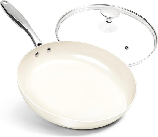 MICHELANGELO 12 Inch Frying Pan with Lid, Large Nonstick Skillet with Ergonomic Handle, Non-Toxic Ceramic Fry Pan, Oven-Safe, White