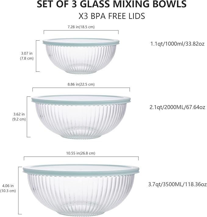 Luvan Glass Mixing Bowls with Lids Set(3.7QT, 2.1QT, 1.1QT),3PC Glass Nesting Bowl, Large Salad Bowls Sets with lids,Clear Cooking Bowl for Kitchen Prep,Food Storage,Baking,Microwave and Oven Safe